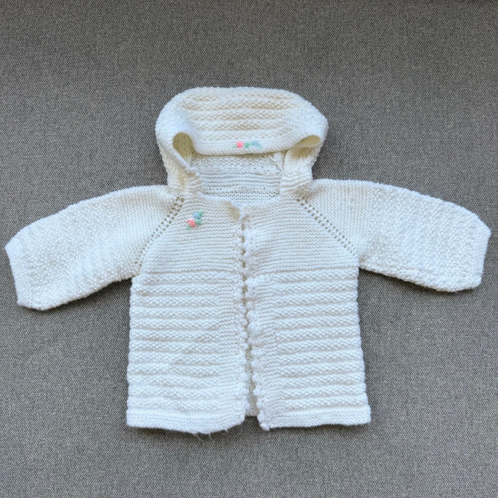 Vintage Handmade Baby Hooded Cardigan Sweater Off White Floral Knit 0-3 Months